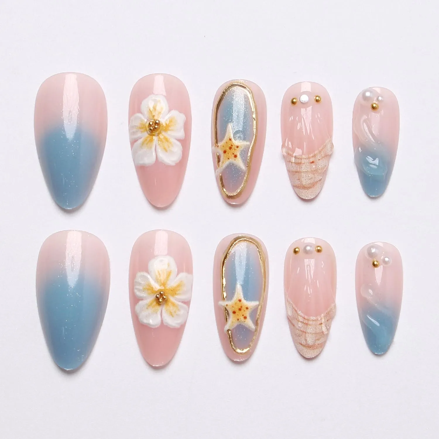 24Pcs Summer Beach Press on Nails Medium Almond French Fake Nails with 3D Ocean Starfish Shell Design Yellow Flower False Nails Nude Pink Glossy Full Cover Cute Floral Acrylic Stick on Nails for Women