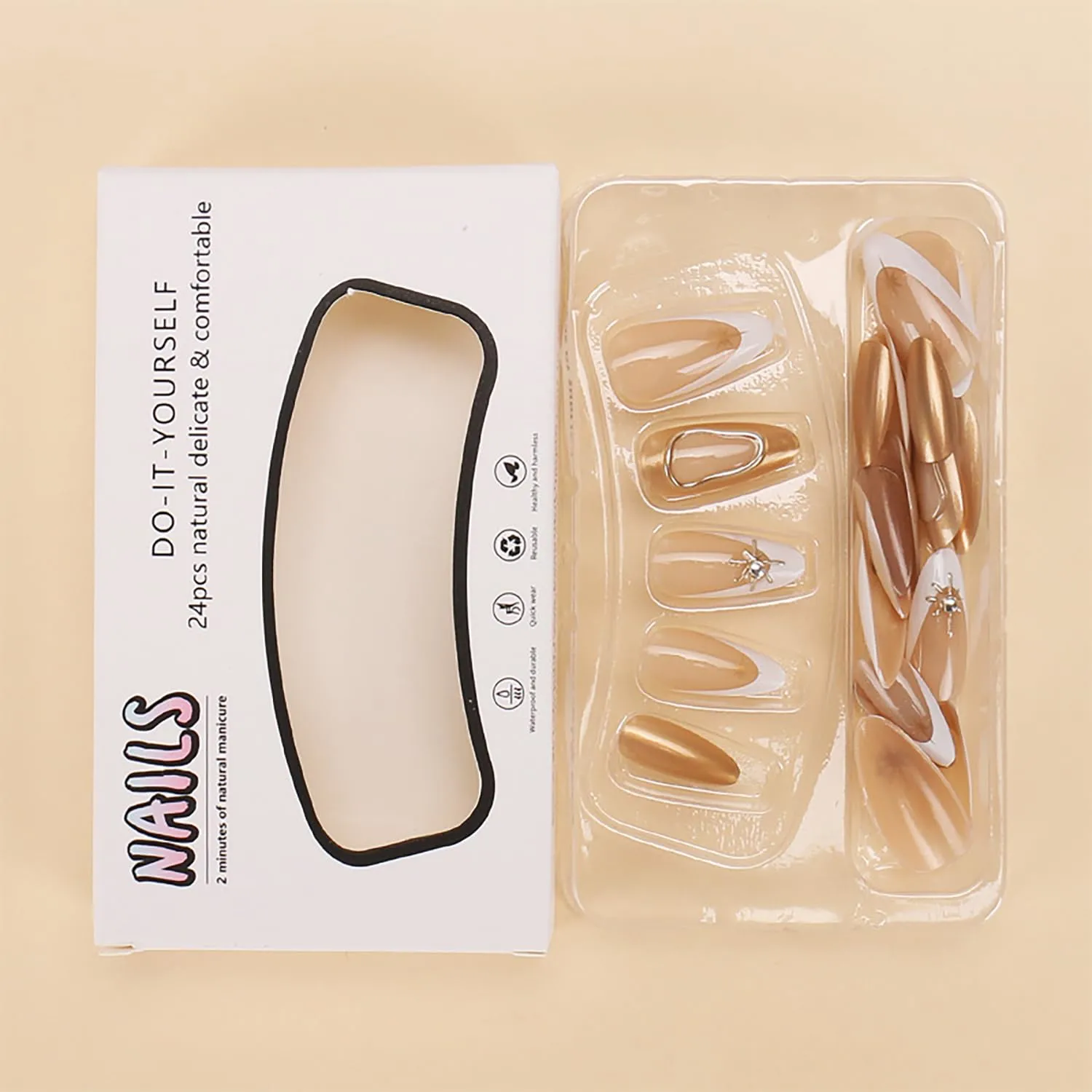 French Tip Press On Nails Almond Shaped Gold Fake Nails Press Ons Nails White French Star Design False Nails Gold Stick On Nails Glossy Artificial Glue On Nails For Women Nails Decorations