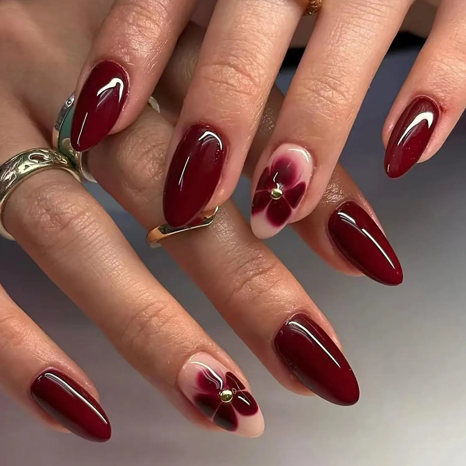 Flower Press On Nails Almond Shaped Fake Nails Spring Red Flower Nail Press Ons With Cute Floral Design False Nails Full Cover Acrylic Stick On Nails Summer Glue On Nail For Women Girls
