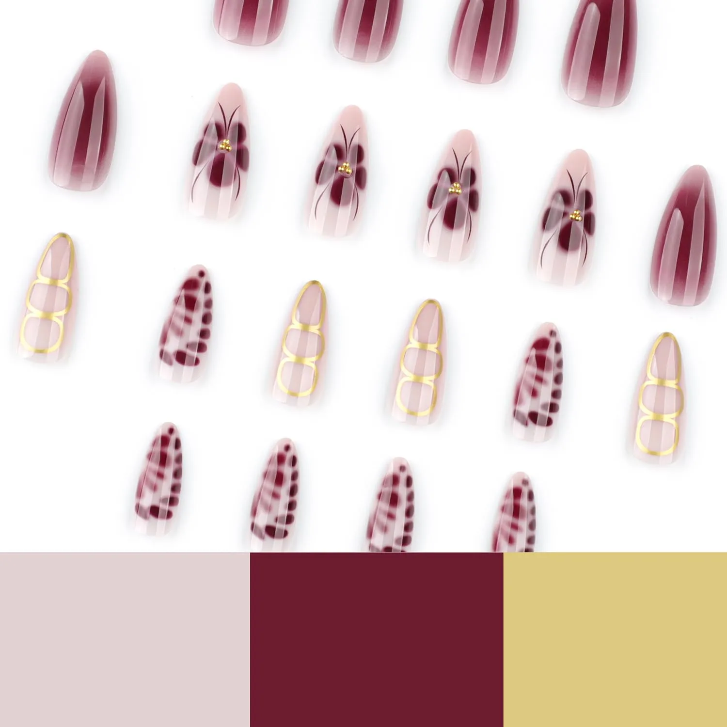 Flower Press On Nails Almond Shaped Fake Nails Spring Gold Line Nail Press Ons With Red Floral Design Stick On Nails Full Cover Acrylic Glue On Nail Summer False Nail For Women Girls
