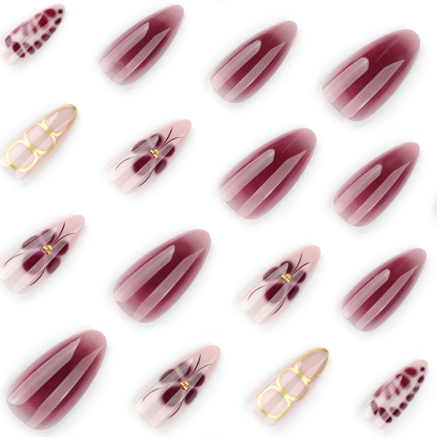Flower Press On Nails Almond Shaped Fake Nails Spring Gold Line Nail Press Ons With Red Floral Design Stick On Nails Full Cover Acrylic Glue On Nail Summer False Nail For Women Girls
