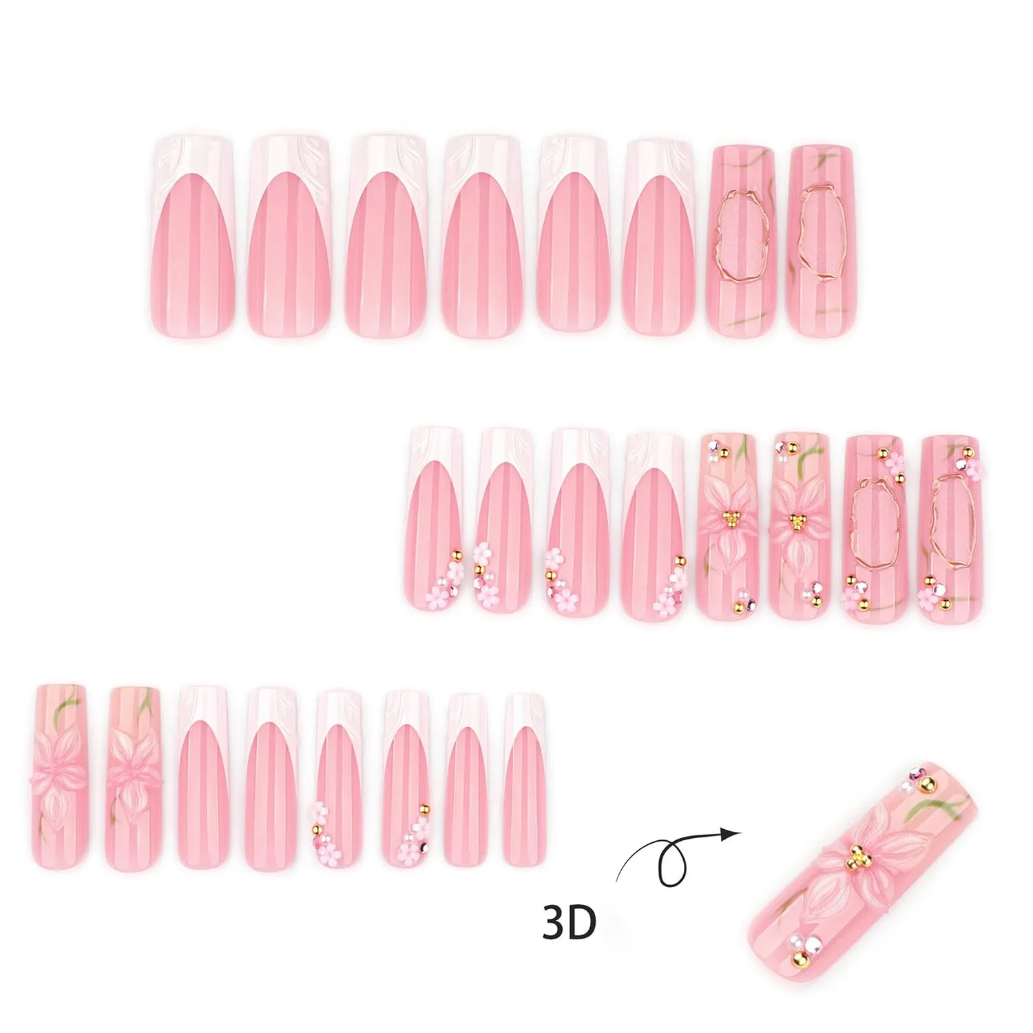 Pink Press On Nails Medium Long Square Fake Nails With 3D Flower Design White French Nail Press Ons Gold Hollow-Out Glitter Acrylic Nails Glossy Pearl False Glue On Nails For Women