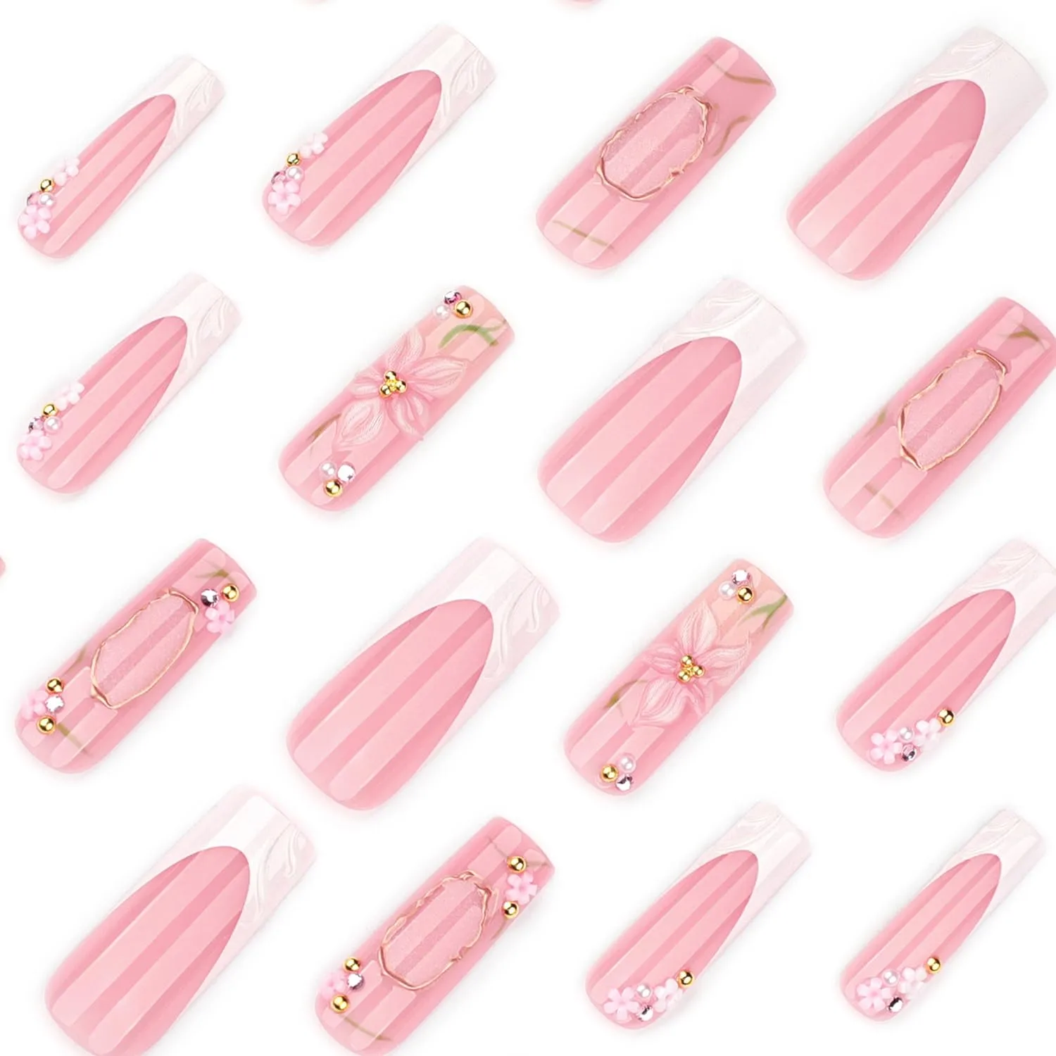 Pink Press On Nails Medium Long Square Fake Nails With 3D Flower Design White French Nail Press Ons Gold Hollow-Out Glitter Acrylic Nails Glossy Pearl False Glue On Nails For Women