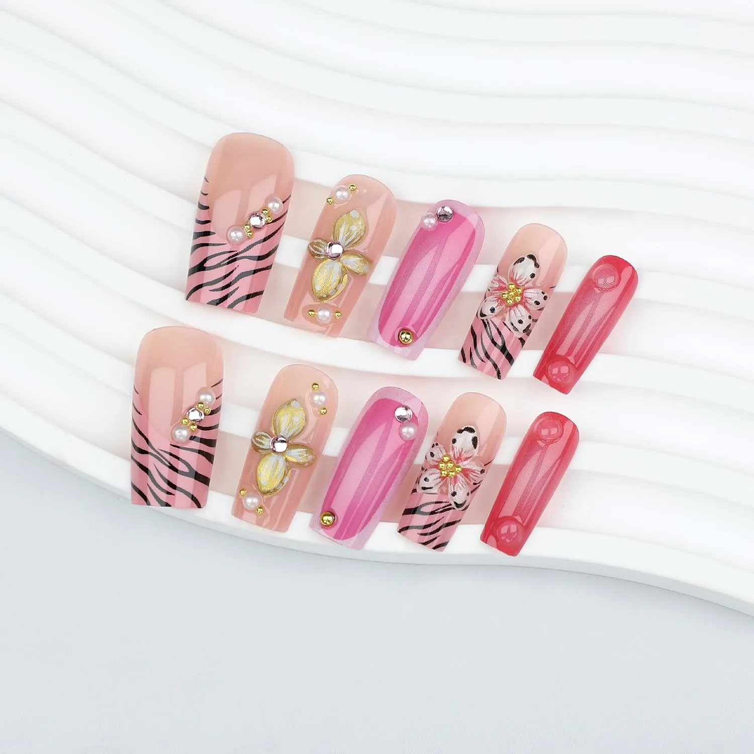 Leopard Print French Press On Nails Medium Square Fake Nails With Flower Pearl Design False Nails Press Ons Pink Acrylic Nails Glossy Glue On Nails For Women