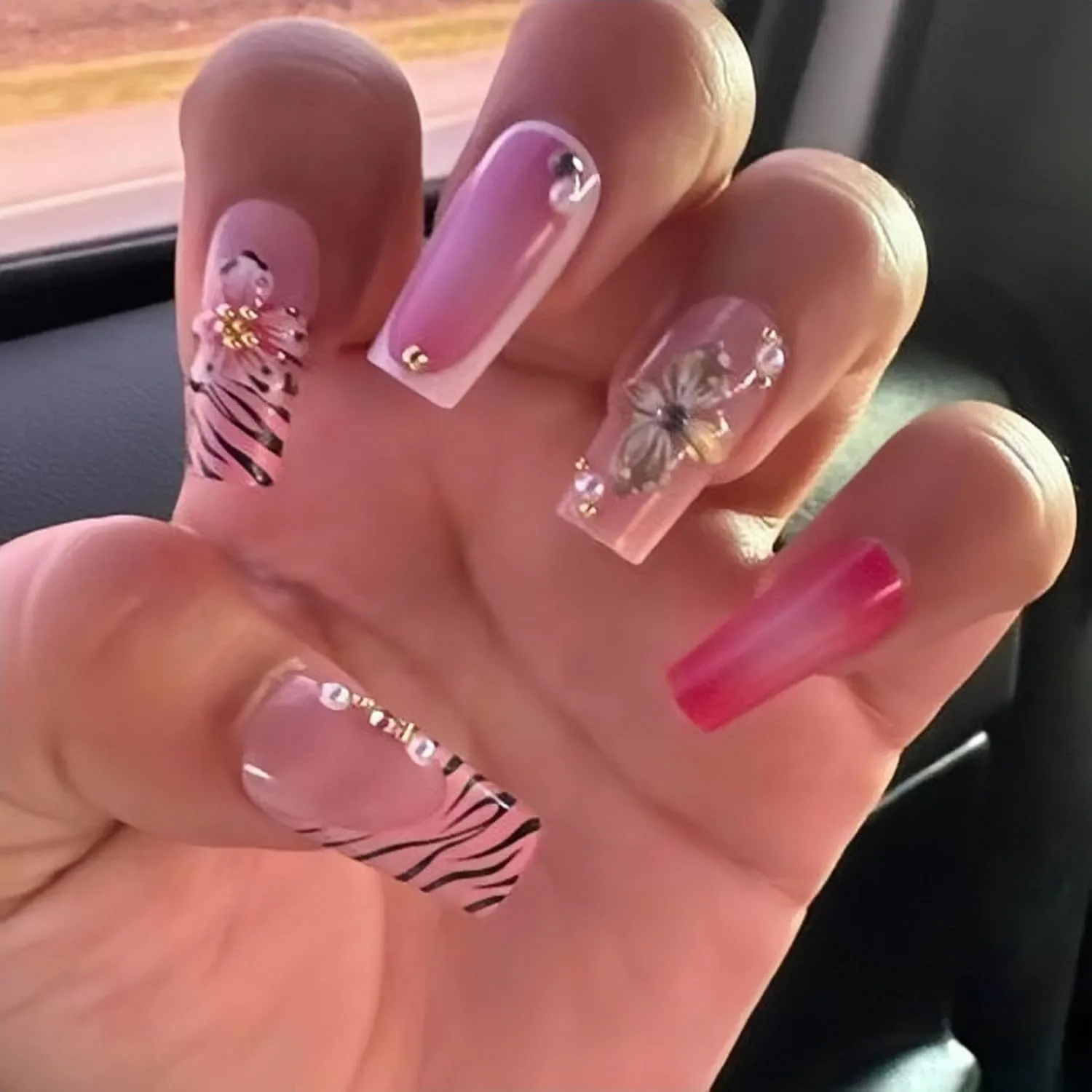 Leopard Print French Press On Nails Medium Square Fake Nails With Flower Pearl Design False Nails Press Ons Pink Acrylic Nails Glossy Glue On Nails For Women