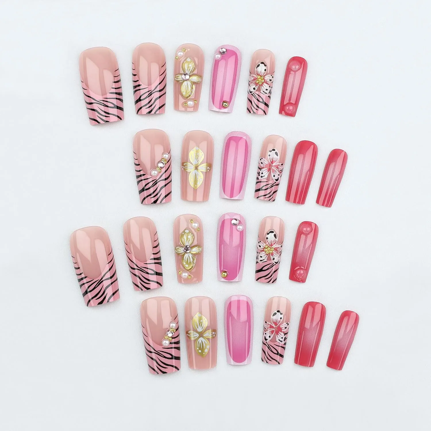 Leopard Print French Press On Nails Medium Square Fake Nails With Flower Pearl Design False Nails Press Ons Pink Acrylic Nails Glossy Glue On Nails For Women