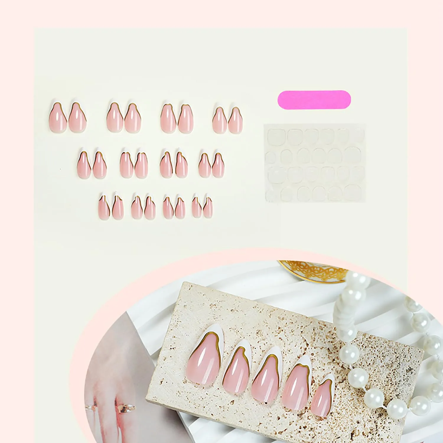 French Tip Press On Nails Glossy Fake Nails False Nails Press Ons With Gold Line Design French Glue On Nails Full Cover Reusable Artificial Stick On Nail For Women Nail Supplies