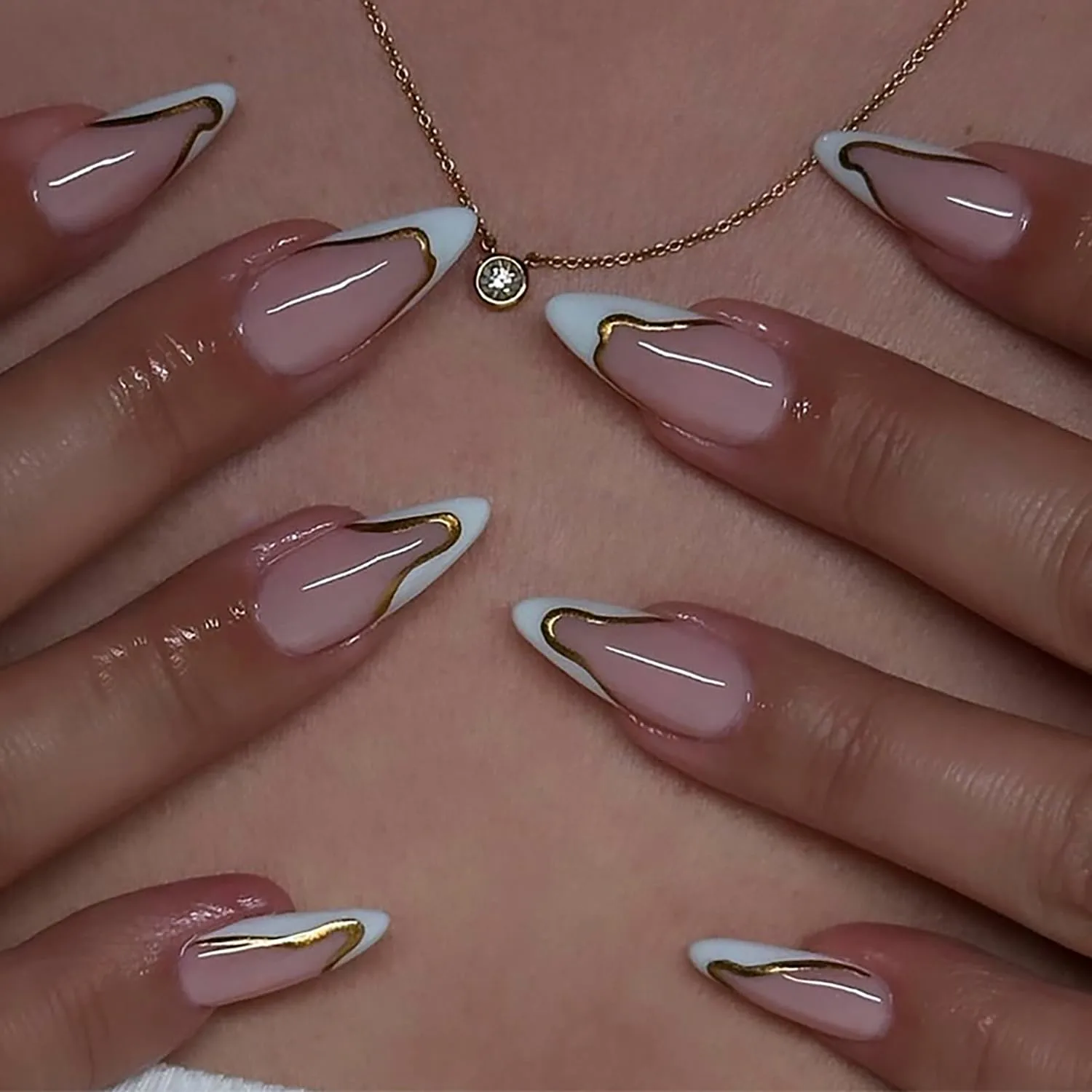 French Tip Press On Nails Glossy Fake Nails False Nails Press Ons With Gold Line Design French Glue On Nails Full Cover Reusable Artificial Stick On Nail For Women Nail Supplies