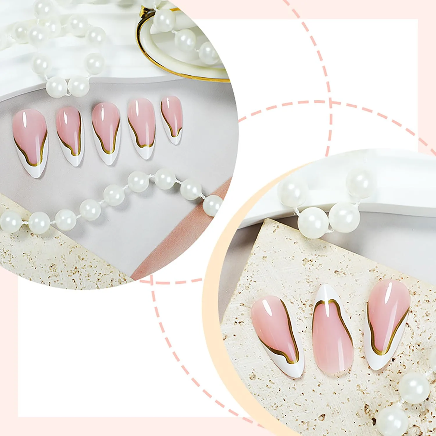 French Tip Press On Nails Glossy Fake Nails False Nails Press Ons With Gold Line Design French Glue On Nails Full Cover Reusable Artificial Stick On Nail For Women Nail Supplies