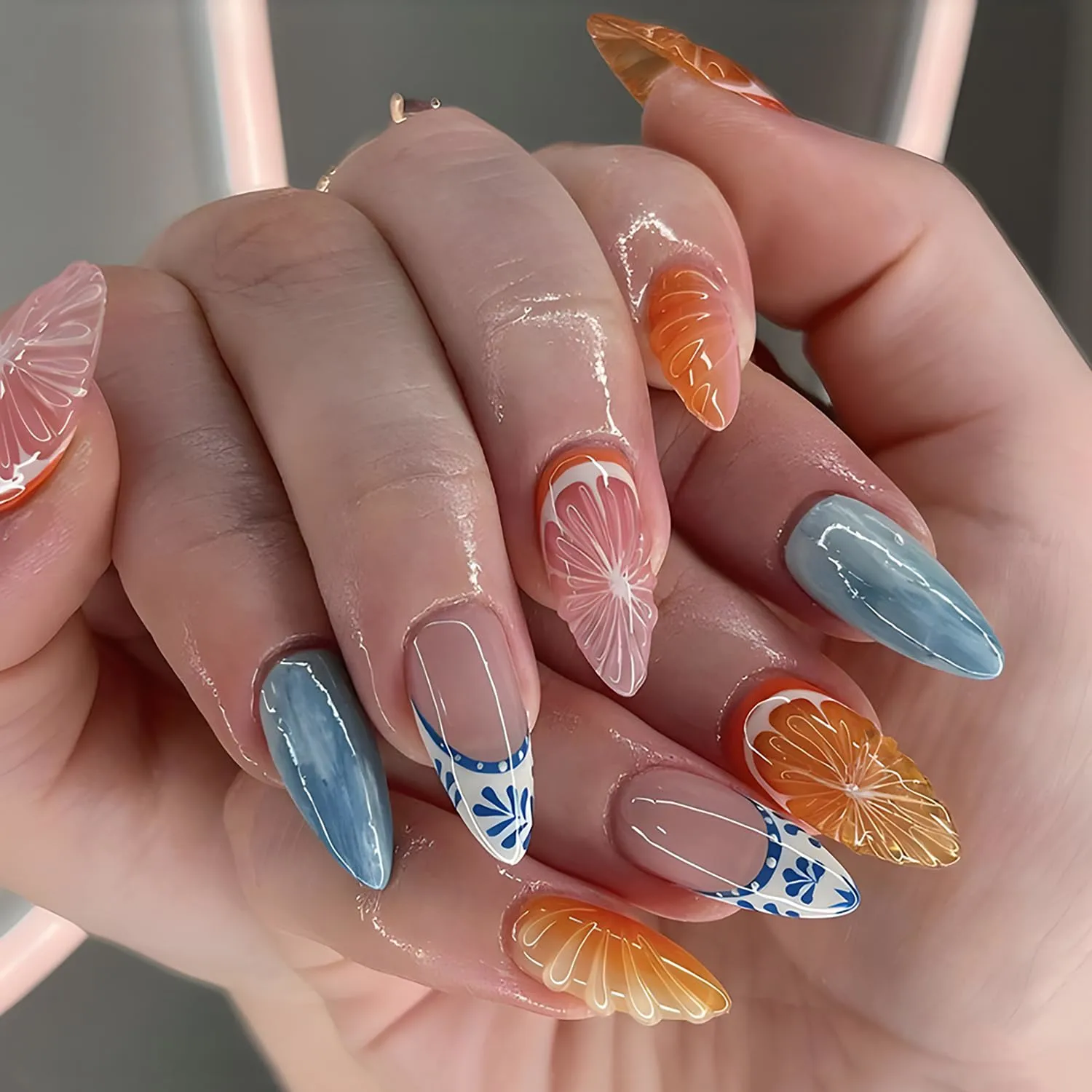 Summer Almond Press On Nails Medium French Tip Fake Nails Press Ons Glossy Stick On Nails With 3D Tangerine Design Orange False Nails Artificial Glue On Nails For Women Manicure Supplies