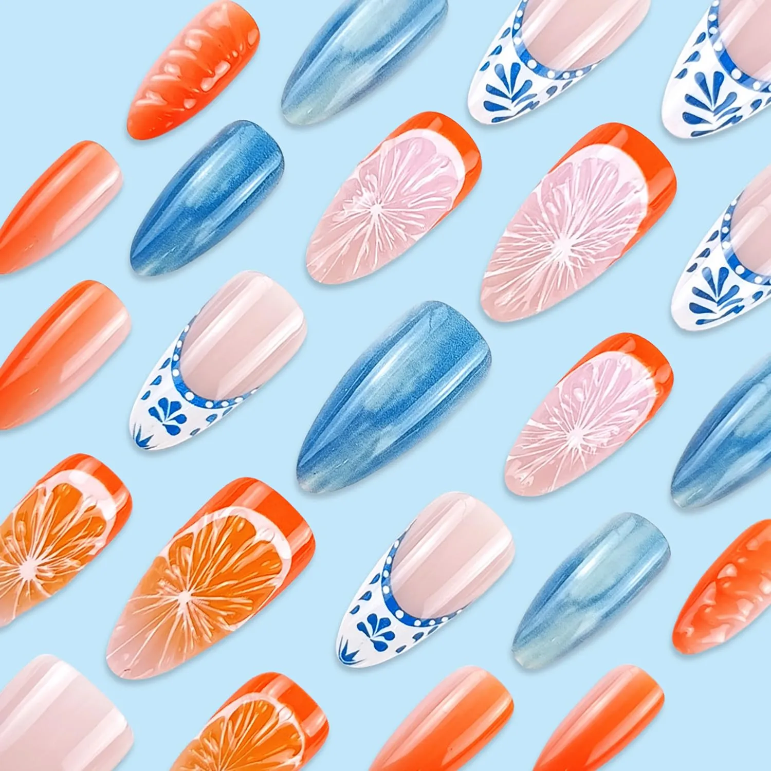 Summer Almond Press On Nails Medium French Tip Fake Nails Press Ons Glossy Stick On Nails With 3D Tangerine Design Orange False Nails Artificial Glue On Nails For Women Manicure Supplies