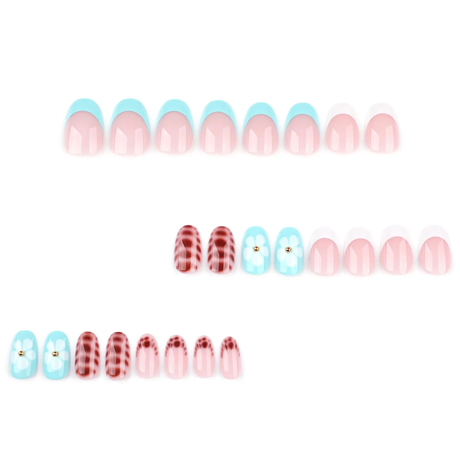 Summer Press On Nails Short Almond Fake Nails Press Ons With Leopard Print Flower Design French Stick On Nails Glossy Acrylic False Nails Full Cover Glue On Nails For Women Girls 24Pcs