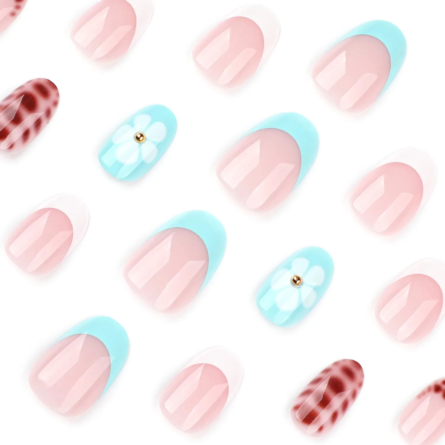 Summer Press On Nails Short Almond Fake Nails Press Ons With Leopard Print Flower Design French Stick On Nails Glossy Acrylic False Nails Full Cover Glue On Nails For Women Girls 24Pcs