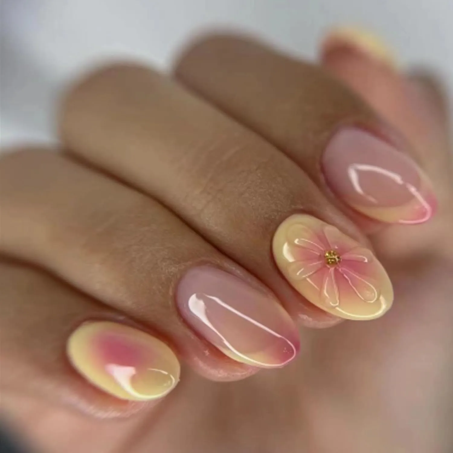 24Pcs Summer Almond Press On Nails Short French Yellow Fake Nails With Flower Gold Design Glue On Nails Pink Glossy False Nails Full Cover Stick On Nail For Women Nail Supplies