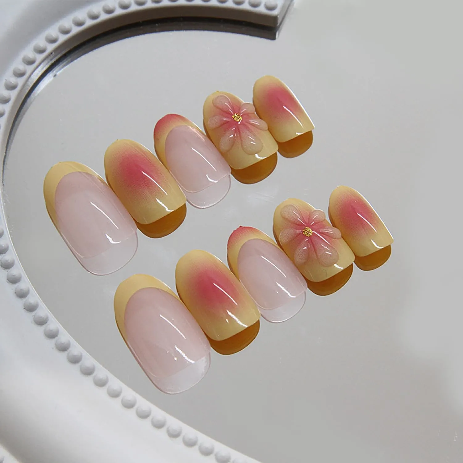24Pcs Summer Almond Press On Nails Short French Yellow Fake Nails With Flower Gold Design Glue On Nails Pink Glossy False Nails Full Cover Stick On Nail For Women Nail Supplies