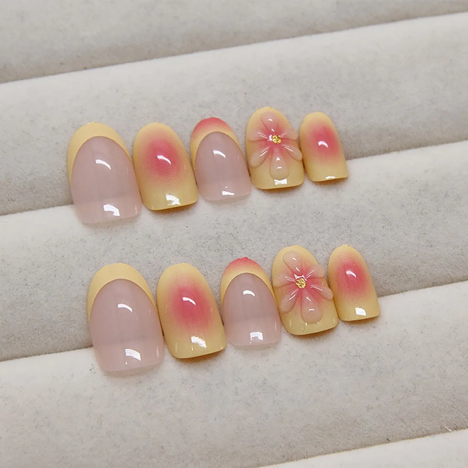 24Pcs Summer Almond Press On Nails Short French Yellow Fake Nails With Flower Gold Design Glue On Nails Pink Glossy False Nails Full Cover Stick On Nail For Women Nail Supplies