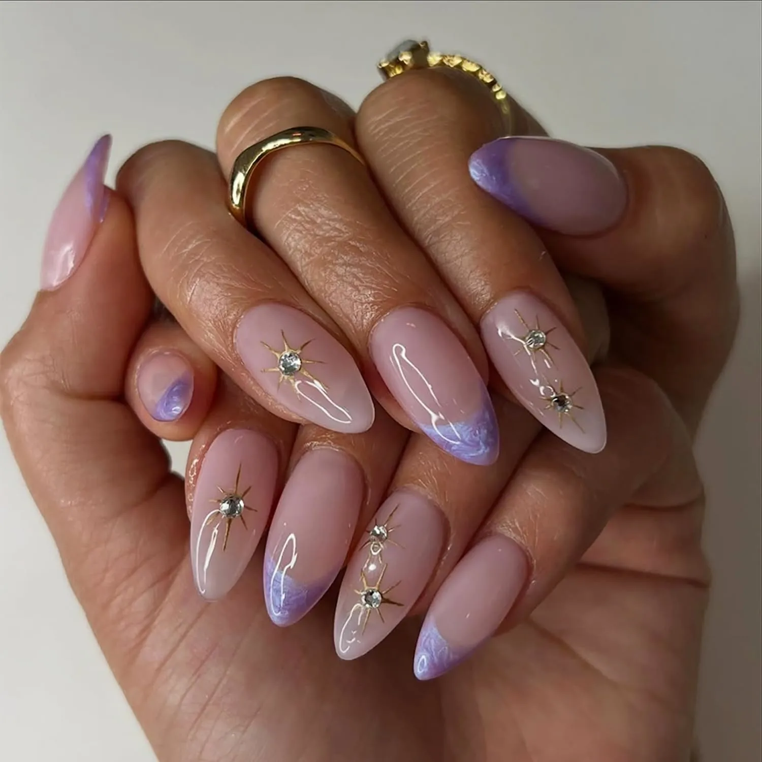 Press On Nails French Almond Medium,Fake Nails Press Ons Purple,False Nails With Star Rhinestones Design,Stick On Nails Full Cover,Glossy Reusable Acrylic Glue On Nails For Women 24Pcs