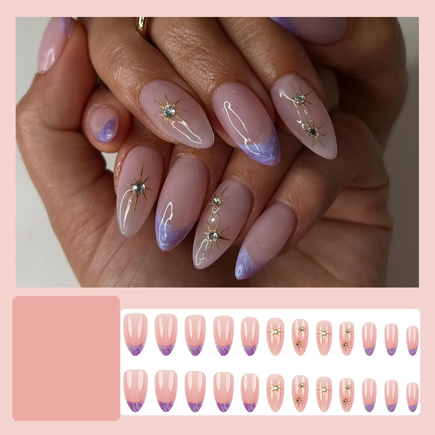 Press On Nails French Almond Medium,Fake Nails Press Ons Purple,False Nails With Star Rhinestones Design,Stick On Nails Full Cover,Glossy Reusable Acrylic Glue On Nails For Women 24Pcs