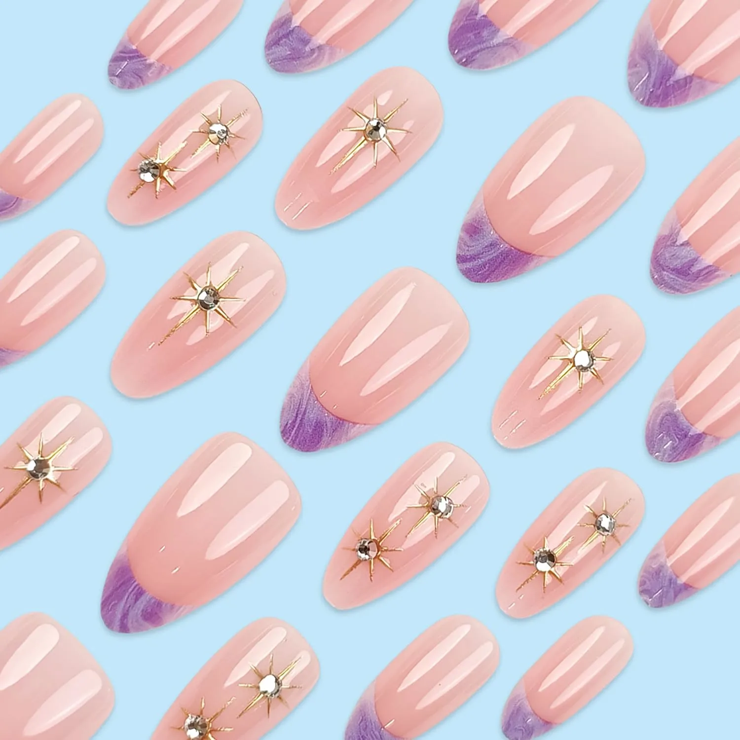 Press On Nails French Almond Medium,Fake Nails Press Ons Purple,False Nails With Star Rhinestones Design,Stick On Nails Full Cover,Glossy Reusable Acrylic Glue On Nails For Women 24Pcs