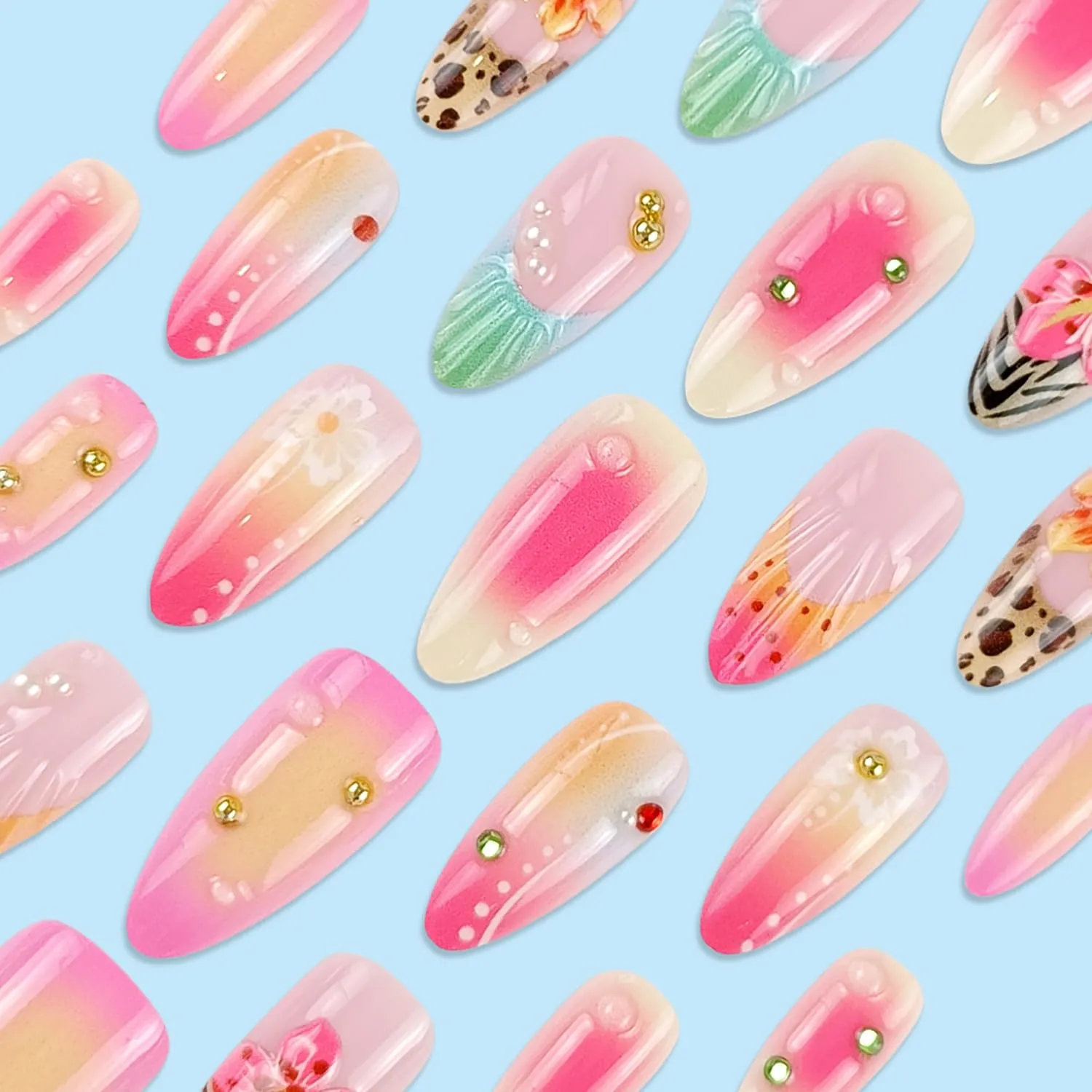 Almond French Press On Nails Summer Medium Fake Nails With French Leopard Pattern Design Flower False Nails Press Ons Glossy Stick On Nails Acrylic Glue On Nail For Women Nail Decorations