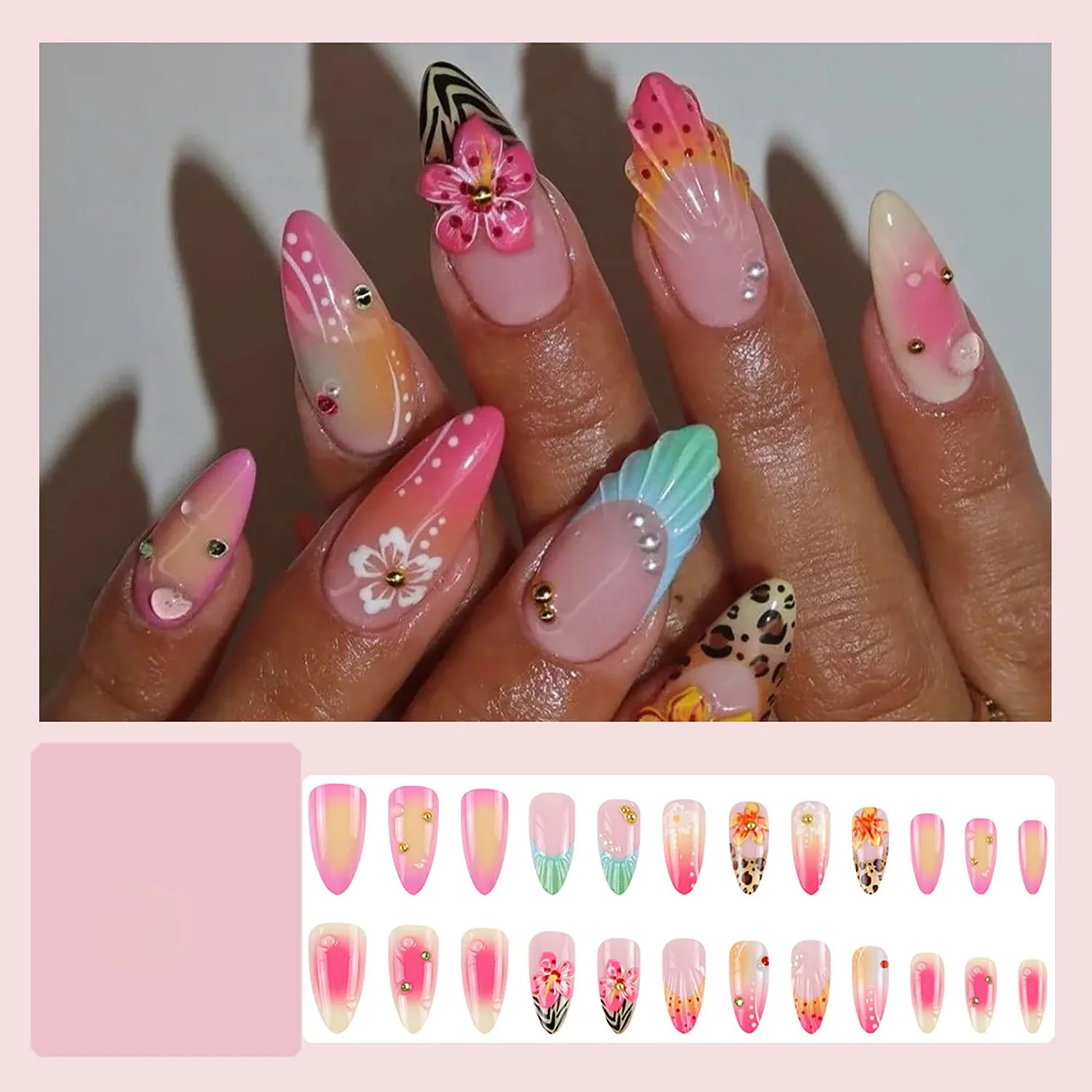 Almond French Press On Nails Summer Medium Fake Nails With French Leopard Pattern Design Flower False Nails Press Ons Glossy Stick On Nails Acrylic Glue On Nail For Women Nail Decorations