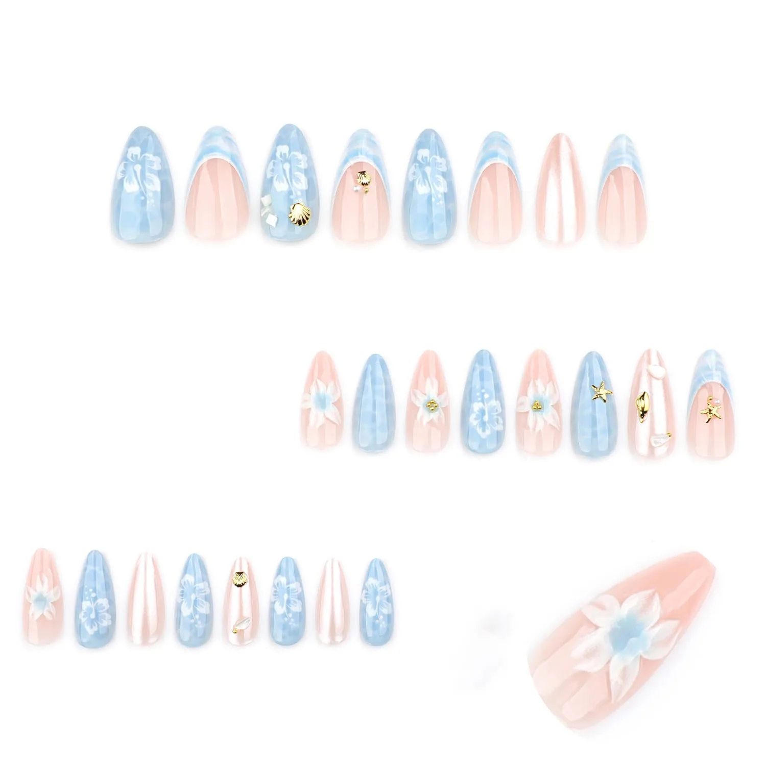 Summer Press On Nails Almond Medium Fake Nails Gold Starfish Flower False Nails Press Ons With 3D Water Ripple Design Stick On Nails Glossy Full Cover Acrylic Glue On Nail For Women Girls