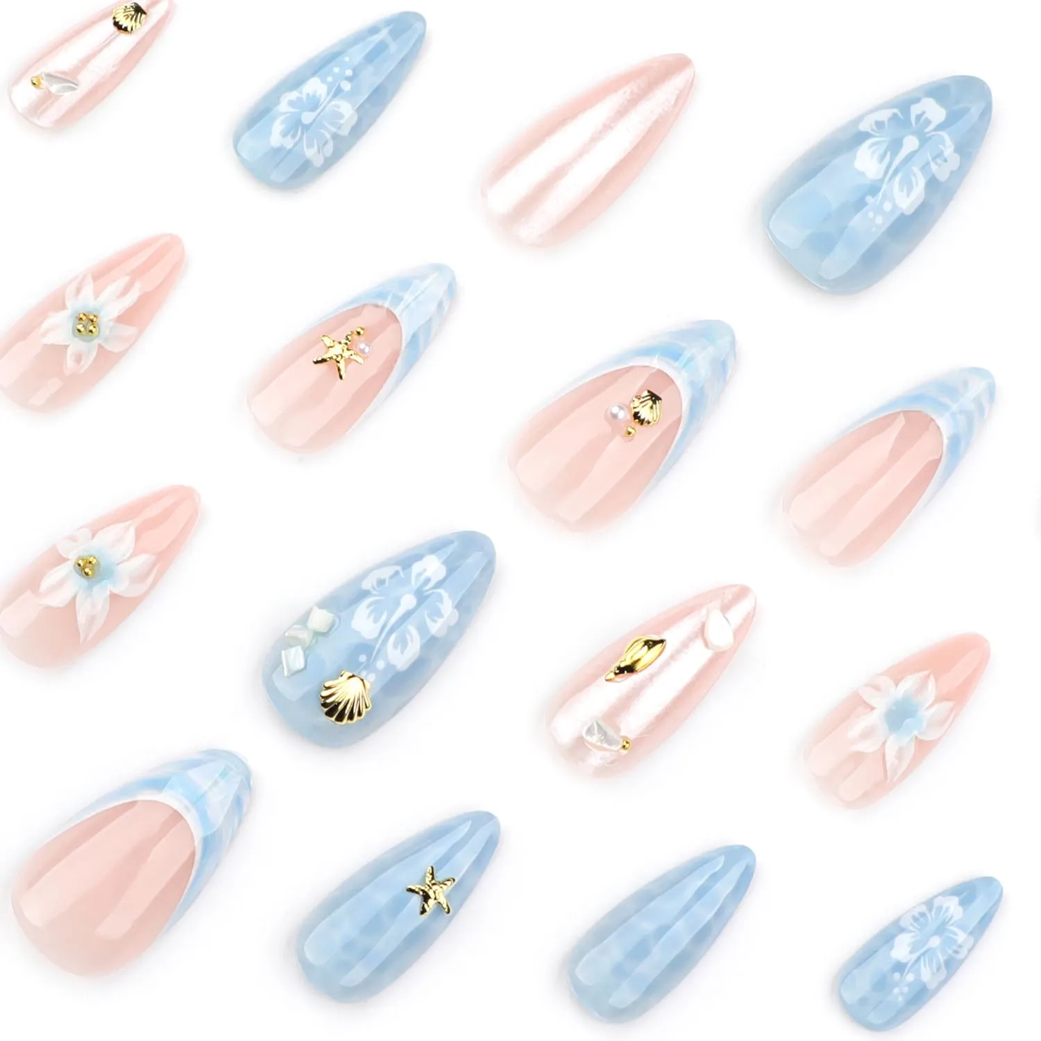 Summer Press On Nails Almond Medium Fake Nails Gold Starfish Flower False Nails Press Ons With 3D Water Ripple Design Stick On Nails Glossy Full Cover Acrylic Glue On Nail For Women Girls