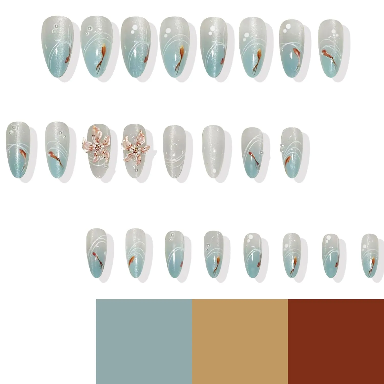 Almond Press On Nails Medium Fake Nails Press Ons Summer With Flower Pearl Design False Nails Goldfish Stick On Nails Koi Fish Glitter Blue Artificial Swirl Glue On Nails For Women Girls 24Pcs