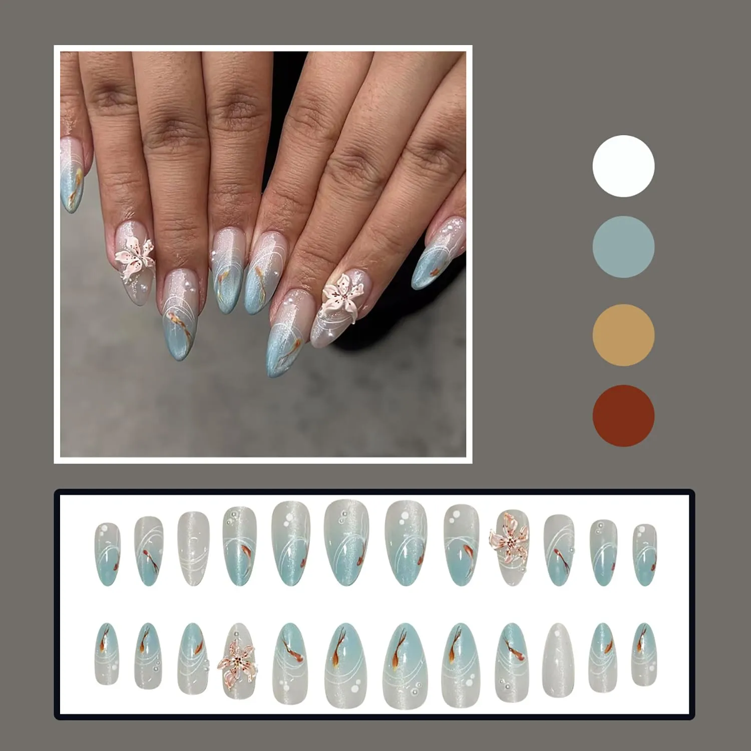 Almond Press On Nails Medium Fake Nails Press Ons Summer With Flower Pearl Design False Nails Goldfish Stick On Nails Koi Fish Glitter Blue Artificial Swirl Glue On Nails For Women Girls 24Pcs