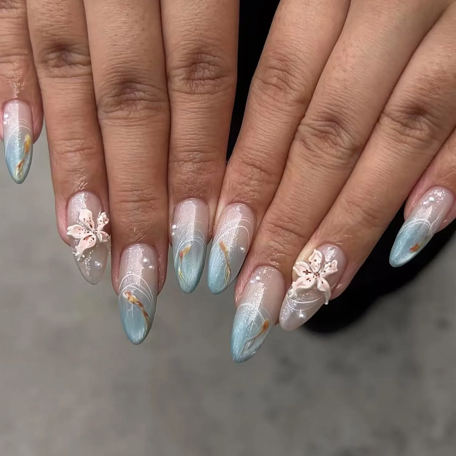 Almond Press On Nails Medium Fake Nails Press Ons Summer With Flower Pearl Design False Nails Goldfish Stick On Nails Koi Fish Glitter Blue Artificial Swirl Glue On Nails For Women Girls 24Pcs