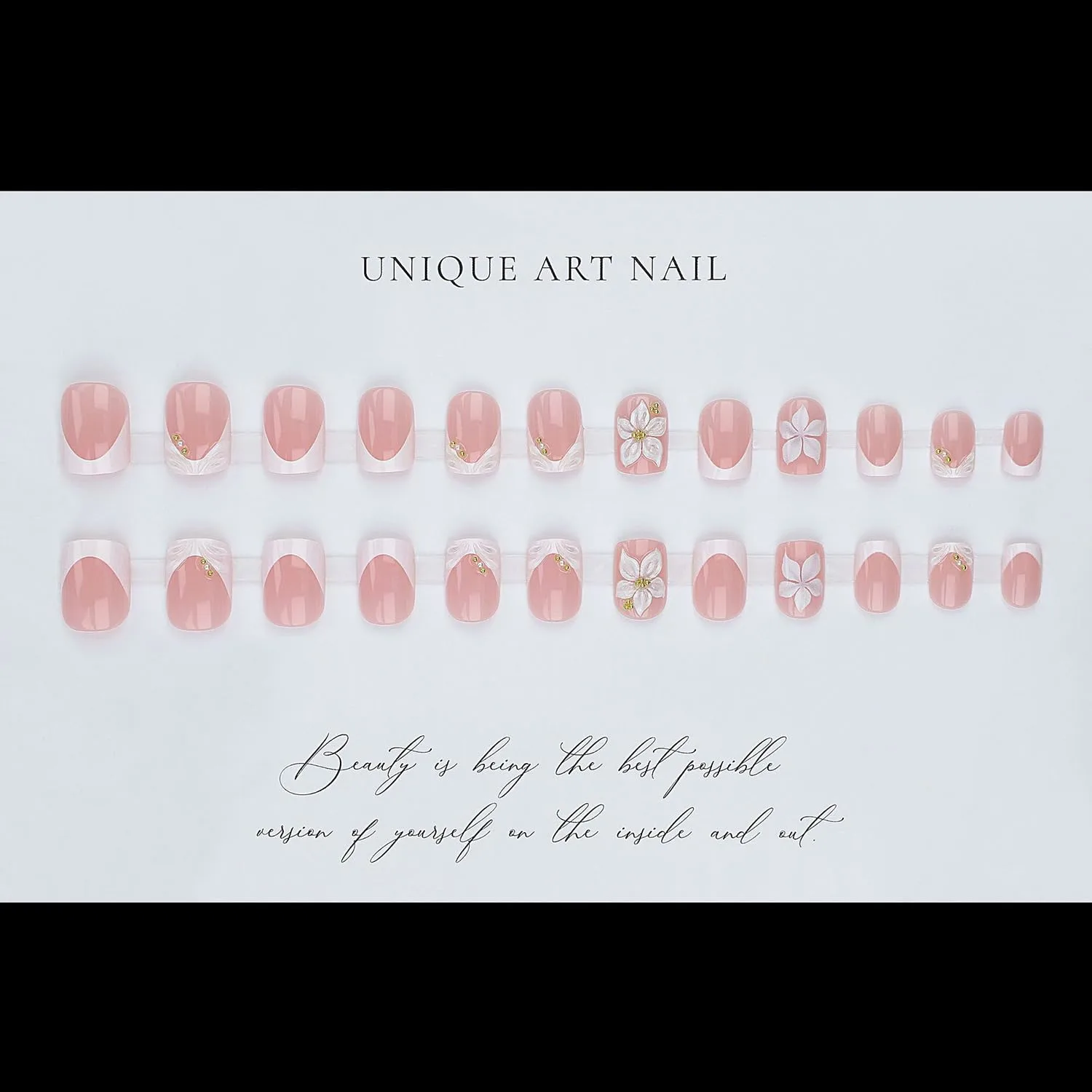 Short Press On Nails Square Fake Nails With 3d White Flower Design French Nail Press Ons Gold Pearl Acrylic Nails Pink Glossy Full Cover False Glue On Nails For Women Girls 24Pcs