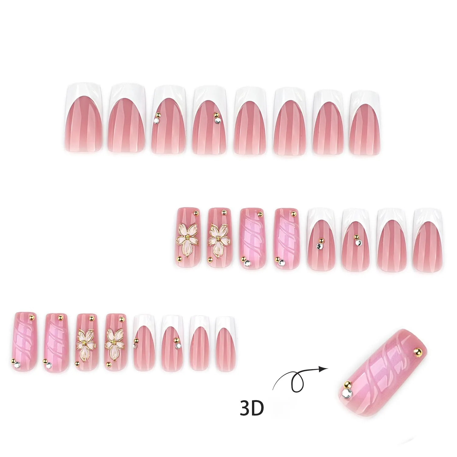 French Press On Nails Medium Long Square Fake Nails Press Ons With 3D Gold Flower Pearl Design Acrylic Nails White French Glossy False Nails Spring Pink Glue On Nails For Women Girls