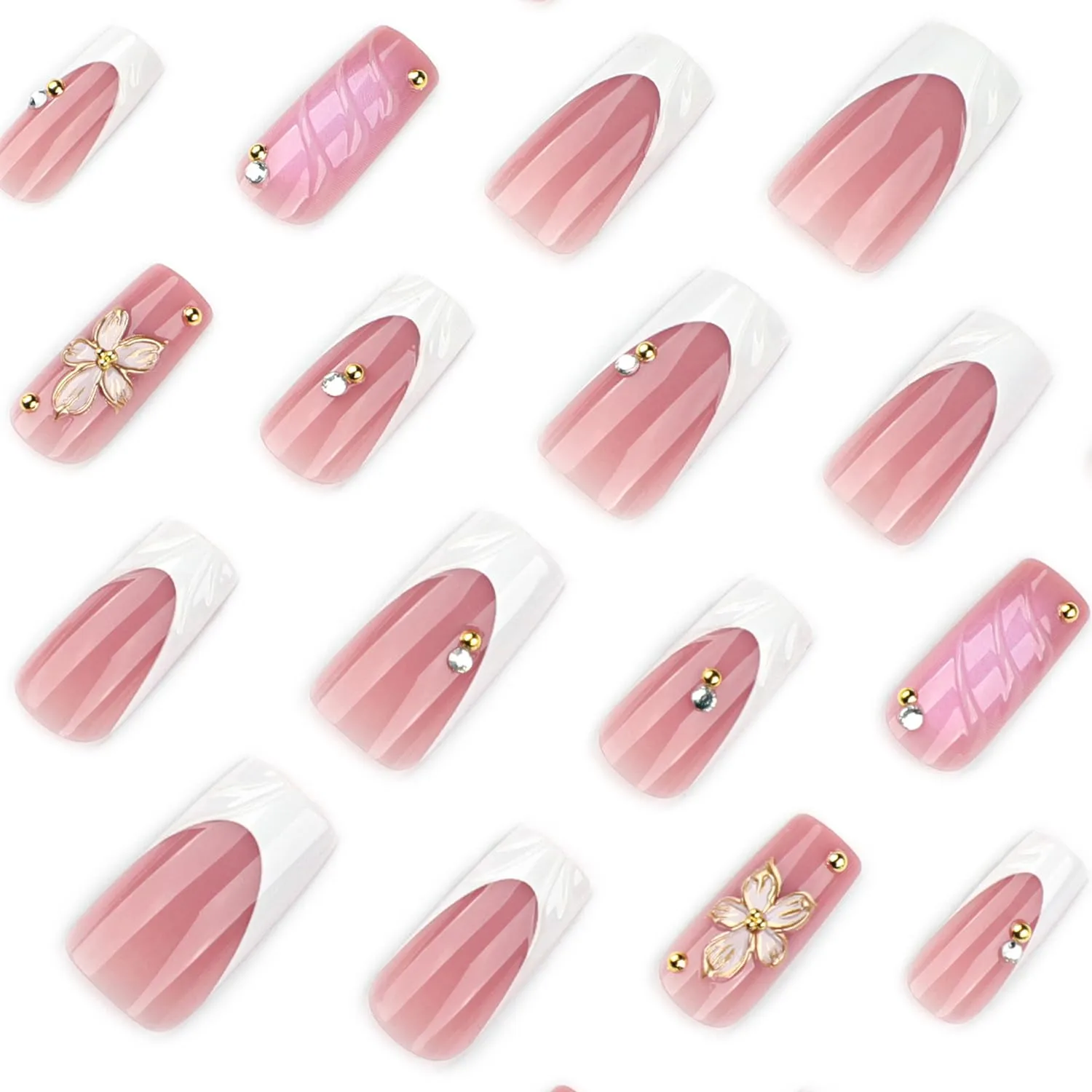 French Press On Nails Medium Long Square Fake Nails Press Ons With 3D Gold Flower Pearl Design Acrylic Nails White French Glossy False Nails Spring Pink Glue On Nails For Women Girls
