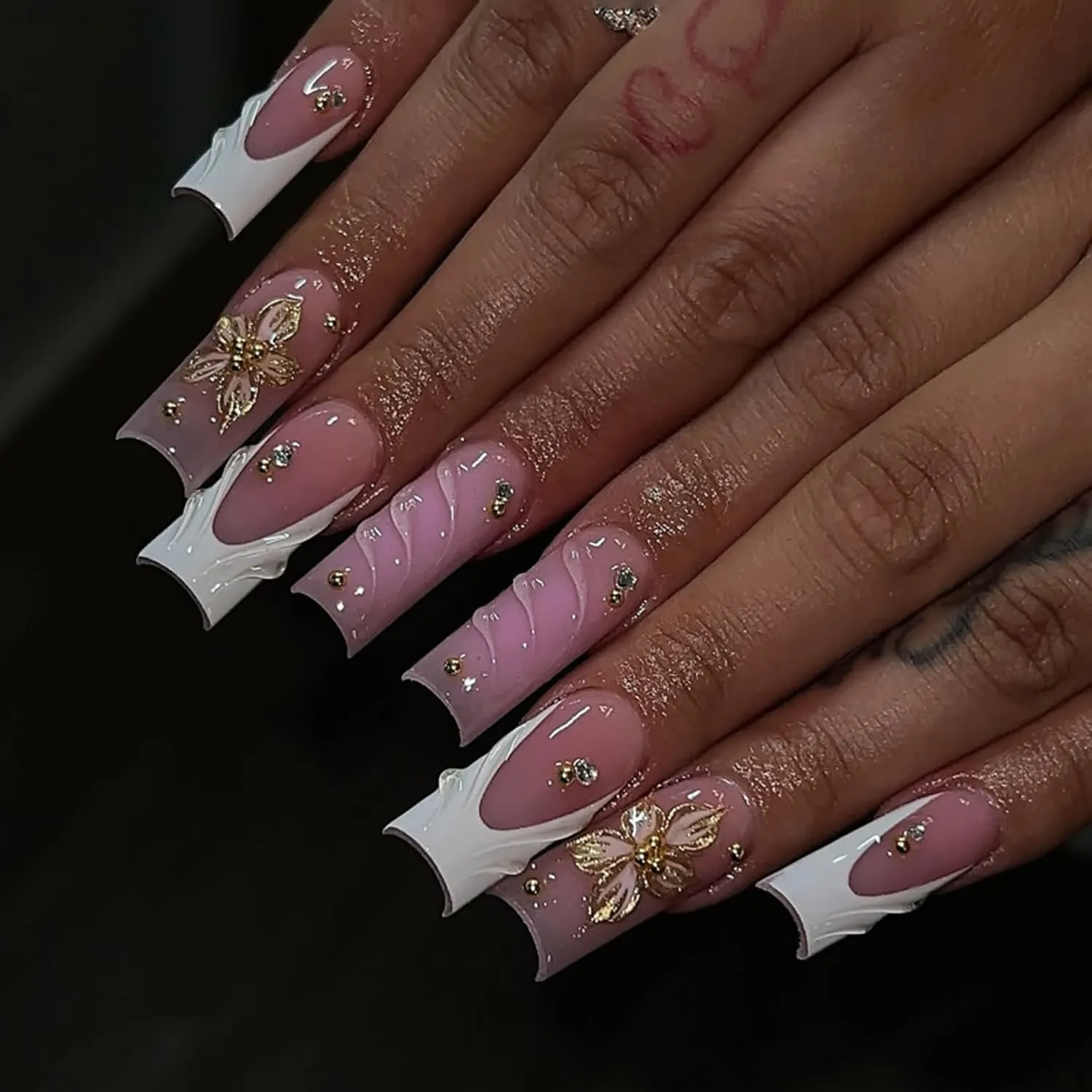French Press On Nails Medium Long Square Fake Nails Press Ons With 3D Gold Flower Pearl Design Acrylic Nails White French Glossy False Nails Spring Pink Glue On Nails For Women Girls