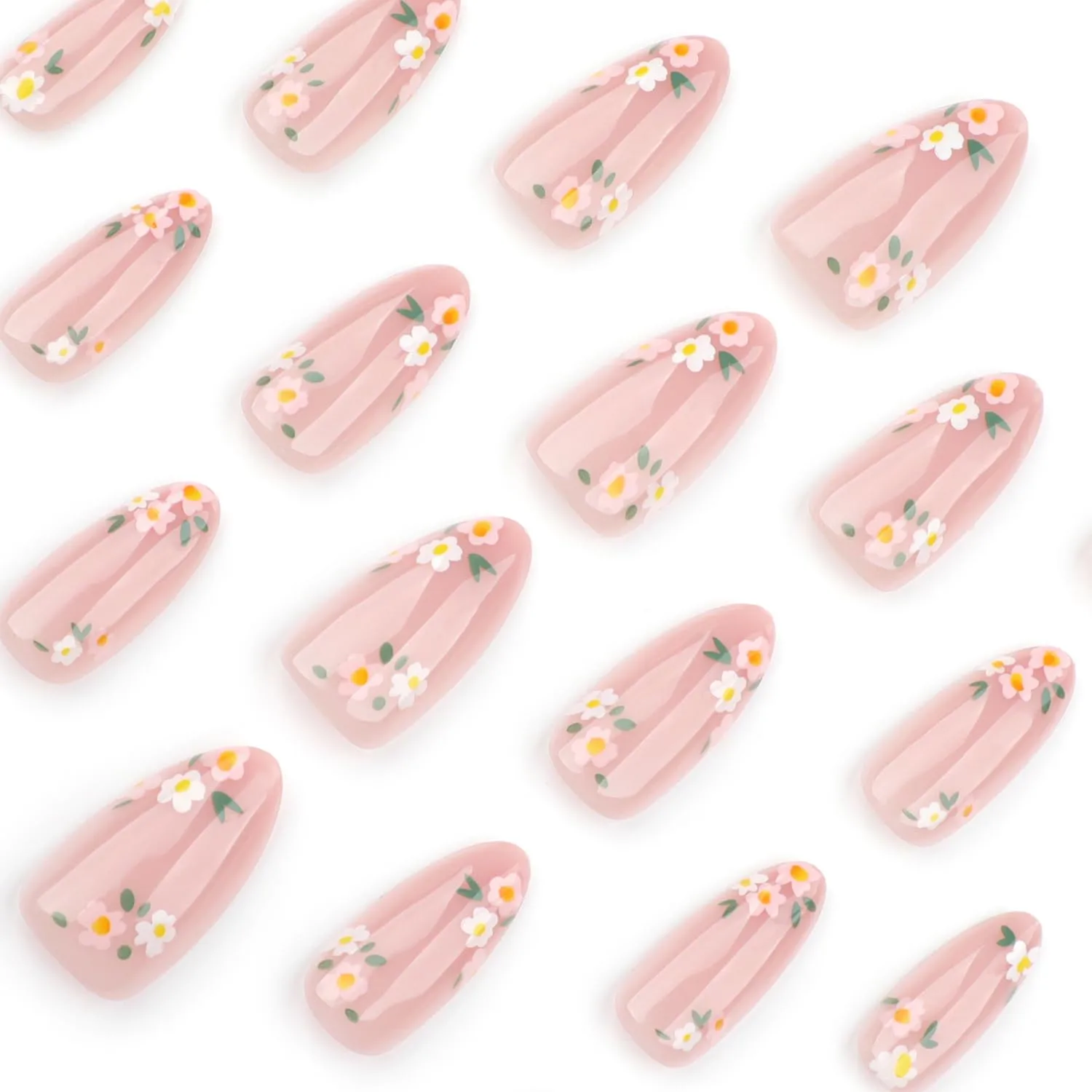 Spring Press On Nails Almond Shaped Flower Fake Nails With Daisy Floral Design Nail Press Ons Pink False Nails Spring Summer Nail Decoration Stick On Nails Glue On Nail For Women Girls