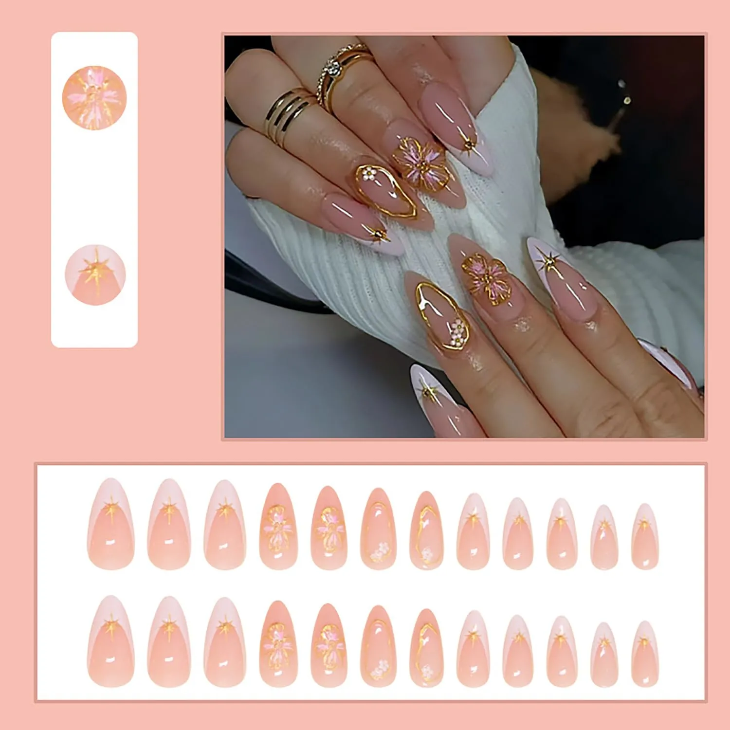 Spring French Press On Nails Almond Shaped Fake Nails 3D Gold Flower Nail Press Ons With Gold Star Swirl Design French Tip False Nails Summer Stick On Nails Acrylic Glue On Nail For Women Girls