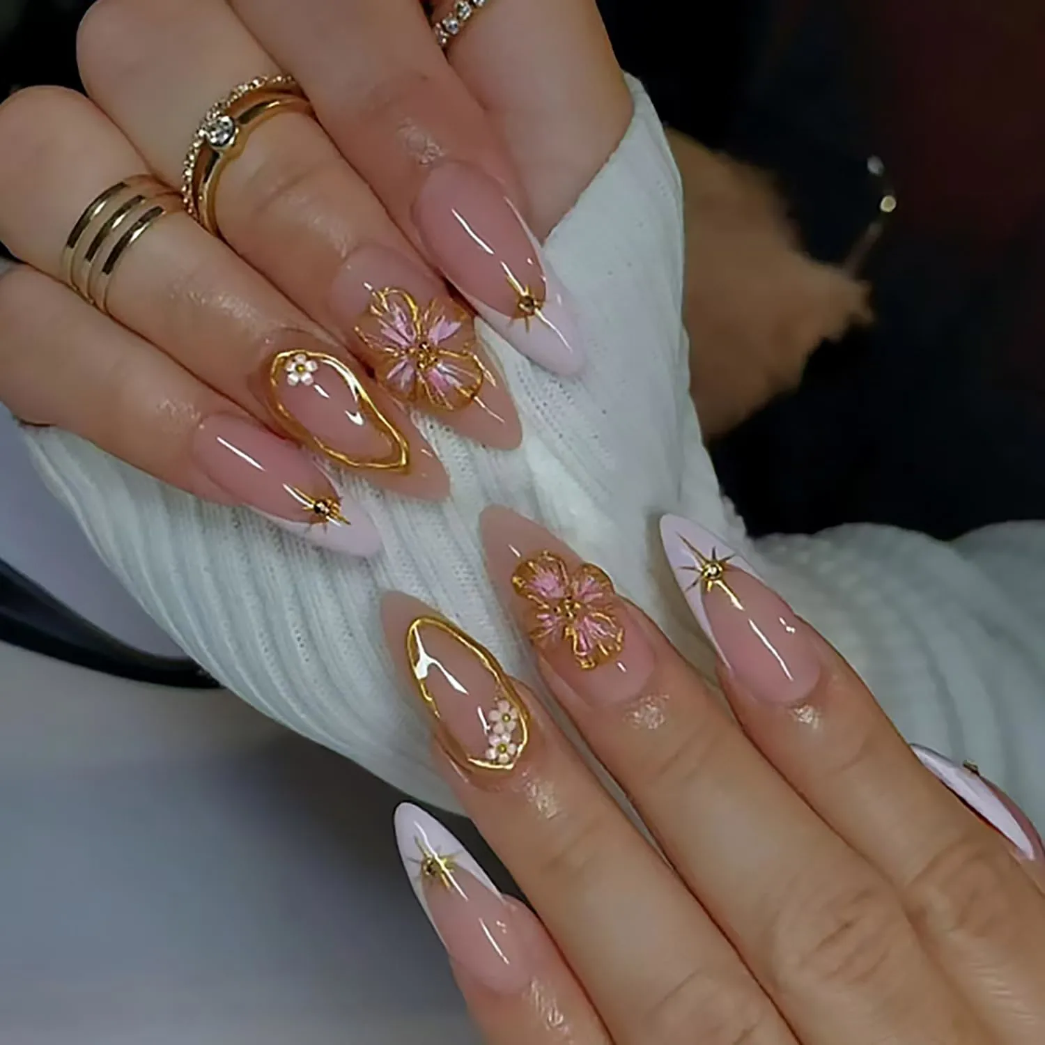 Spring French Press On Nails Almond Shaped Fake Nails 3D Gold Flower Nail Press Ons With Gold Star Swirl Design French Tip False Nails Summer Stick On Nails Acrylic Glue On Nail For Women Girls