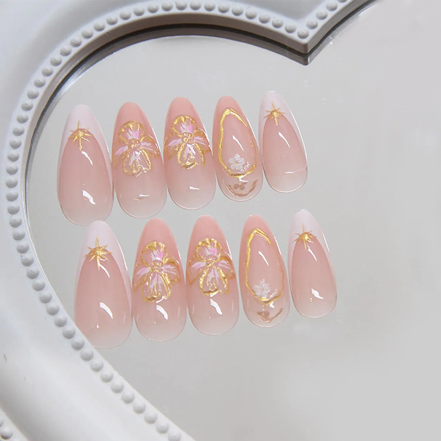 Spring French Press On Nails Almond Shaped Fake Nails 3D Gold Flower Nail Press Ons With Gold Star Swirl Design French Tip False Nails Summer Stick On Nails Acrylic Glue On Nail For Women Girls