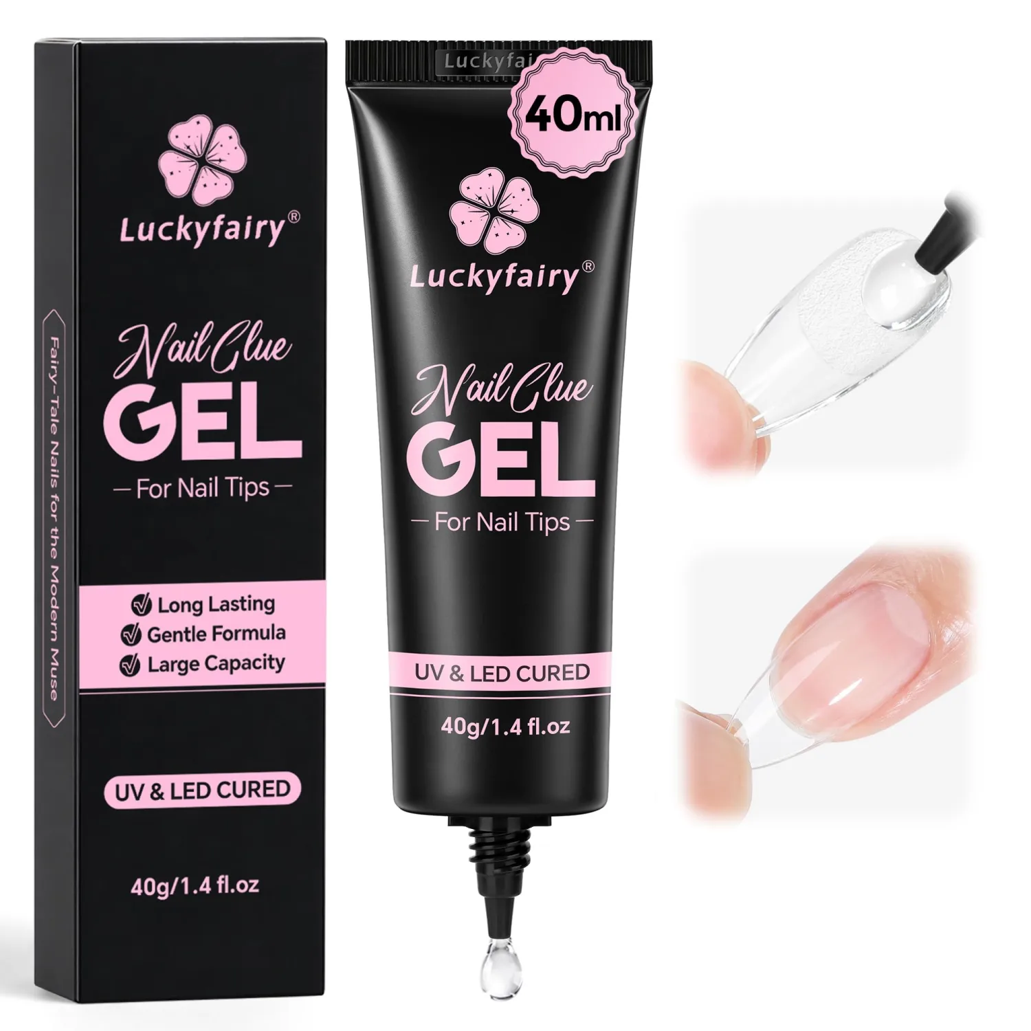 Luckyfairy 40ml Nail Glue for Nail Tips Solid Nail Glue Gel, Cured Needed, Easy Soak Off Soft Glue on Nails for Clear Acrylic Fake Nails Extension, Not for Press on
