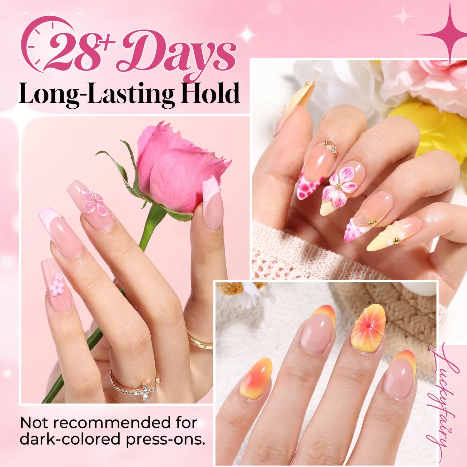 Luckyfairy 40ml Nail Glue for Nail Tips Solid Nail Glue Gel, Cured Needed, Easy Soak Off Soft Glue on Nails for Clear Acrylic Fake Nails Extension, Not for Press on