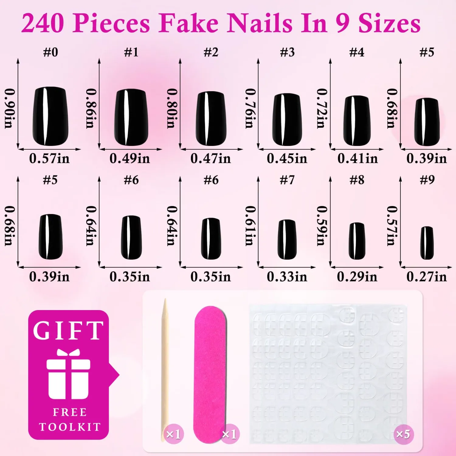 240pc Black Press on Nails Short Fake Nails with Adhesive Tabs, Square Nails Press ons Black Glue on Nails Short Acrylic Nails Square Stick False Artificial Fingernail for Women Girls