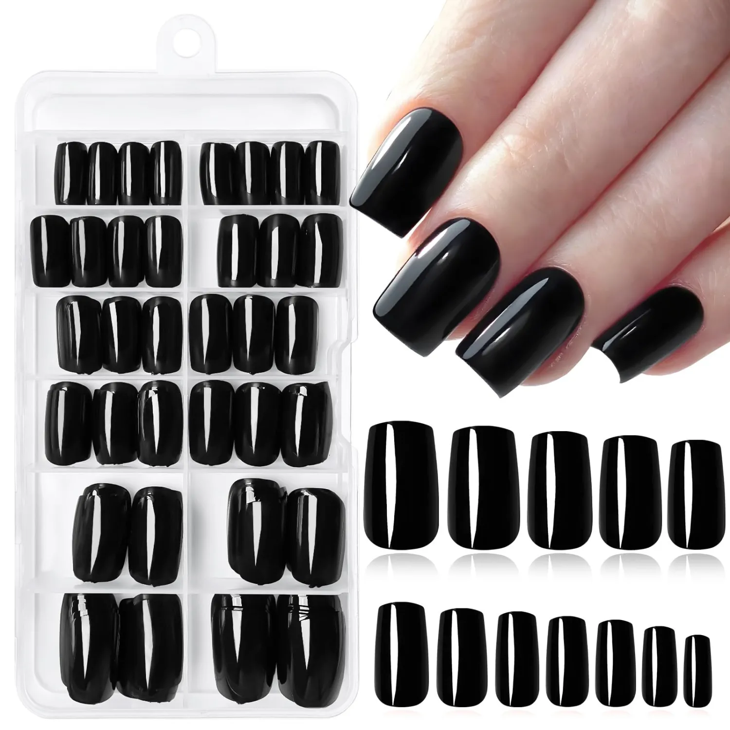 240pc Black Press on Nails Short Fake Nails with Adhesive Tabs, Square Nails Press ons Black Glue on Nails Short Acrylic Nails Square Stick False Artificial Fingernail for Women Girls