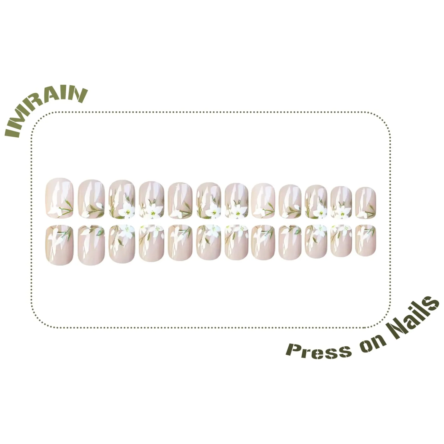 IMRAIN Short Square Press on Nails White Flower French Tip Fake Nails Nude Soft Gel False Nails Glossy Glue on Nails for Women Manicure Tips