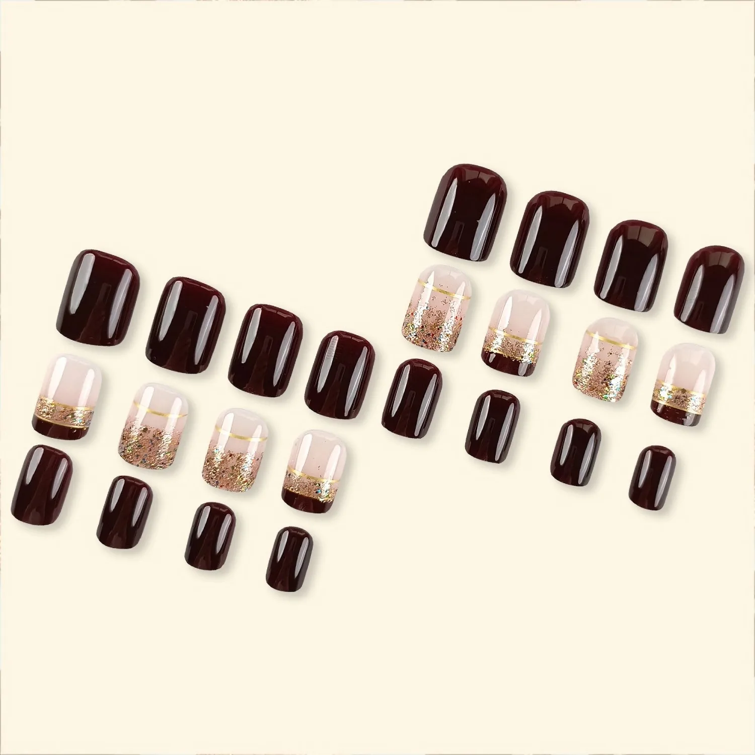 IMRAIN Short Press-on Nails - Square French Tip Brown Glossy False Nails, Full Cover Glitter Gel, 24 Pcs