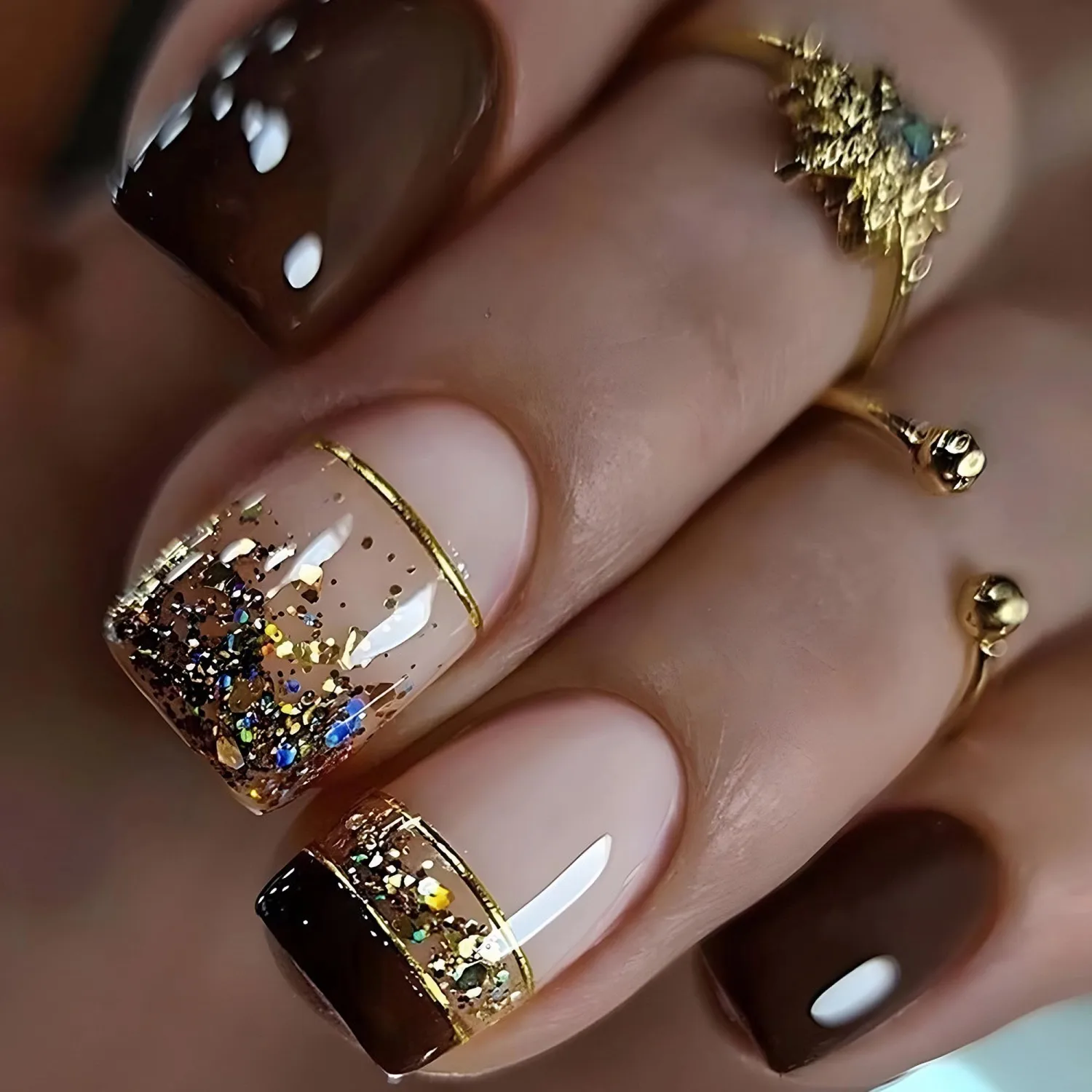 IMRAIN Short Press-on Nails - Square French Tip Brown Glossy False Nails, Full Cover Glitter Gel, 24 Pcs