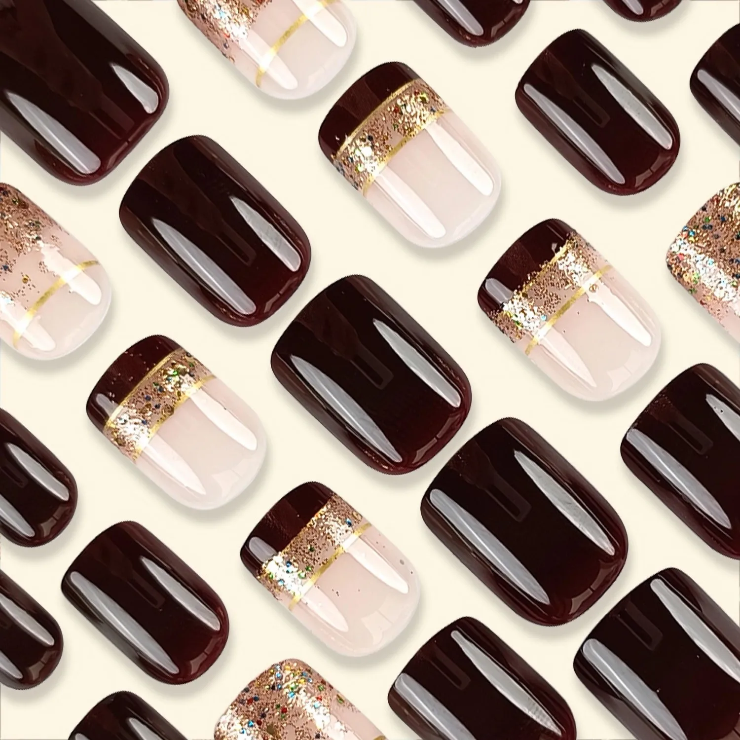 IMRAIN Short Press-on Nails - Square French Tip Brown Glossy False Nails, Full Cover Glitter Gel, 24 Pcs