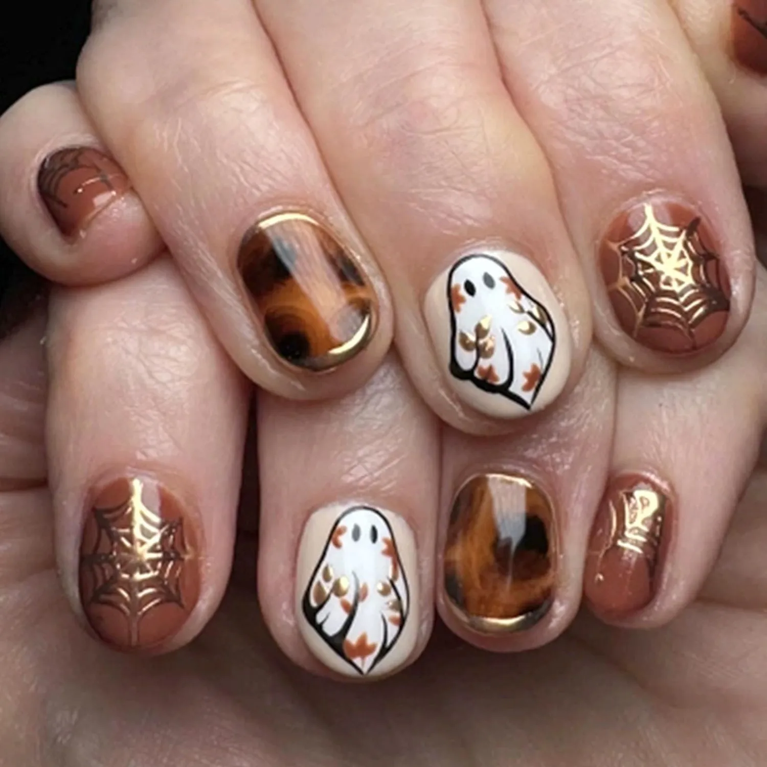 IMRAIN Fall Press on Nails - Amber Ombre, Short Square Fake Nails, Gold Chrome, Cute Ghost Designs, Full Cover Glossy Glue on Nails, Acrylic Brown False Nails 24Pcs