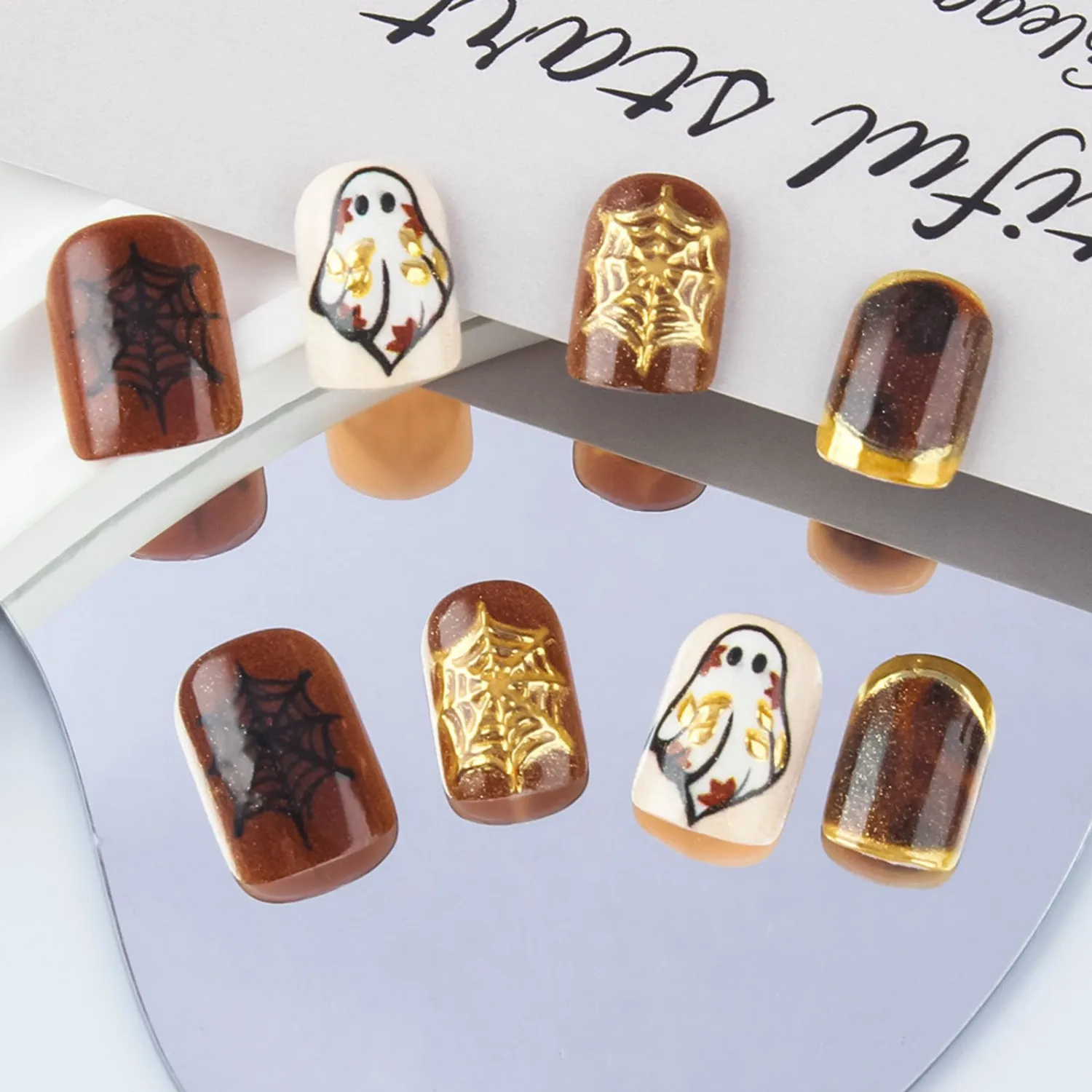 IMRAIN Fall Press on Nails - Amber Ombre, Short Square Fake Nails, Gold Chrome, Cute Ghost Designs, Full Cover Glossy Glue on Nails, Acrylic Brown False Nails 24Pcs