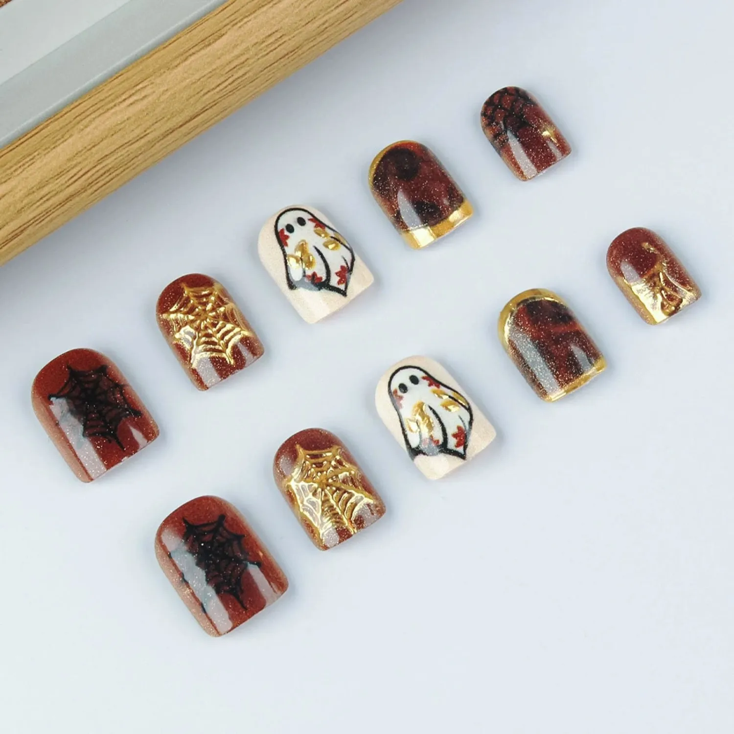 IMRAIN Fall Press on Nails - Amber Ombre, Short Square Fake Nails, Gold Chrome, Cute Ghost Designs, Full Cover Glossy Glue on Nails, Acrylic Brown False Nails 24Pcs