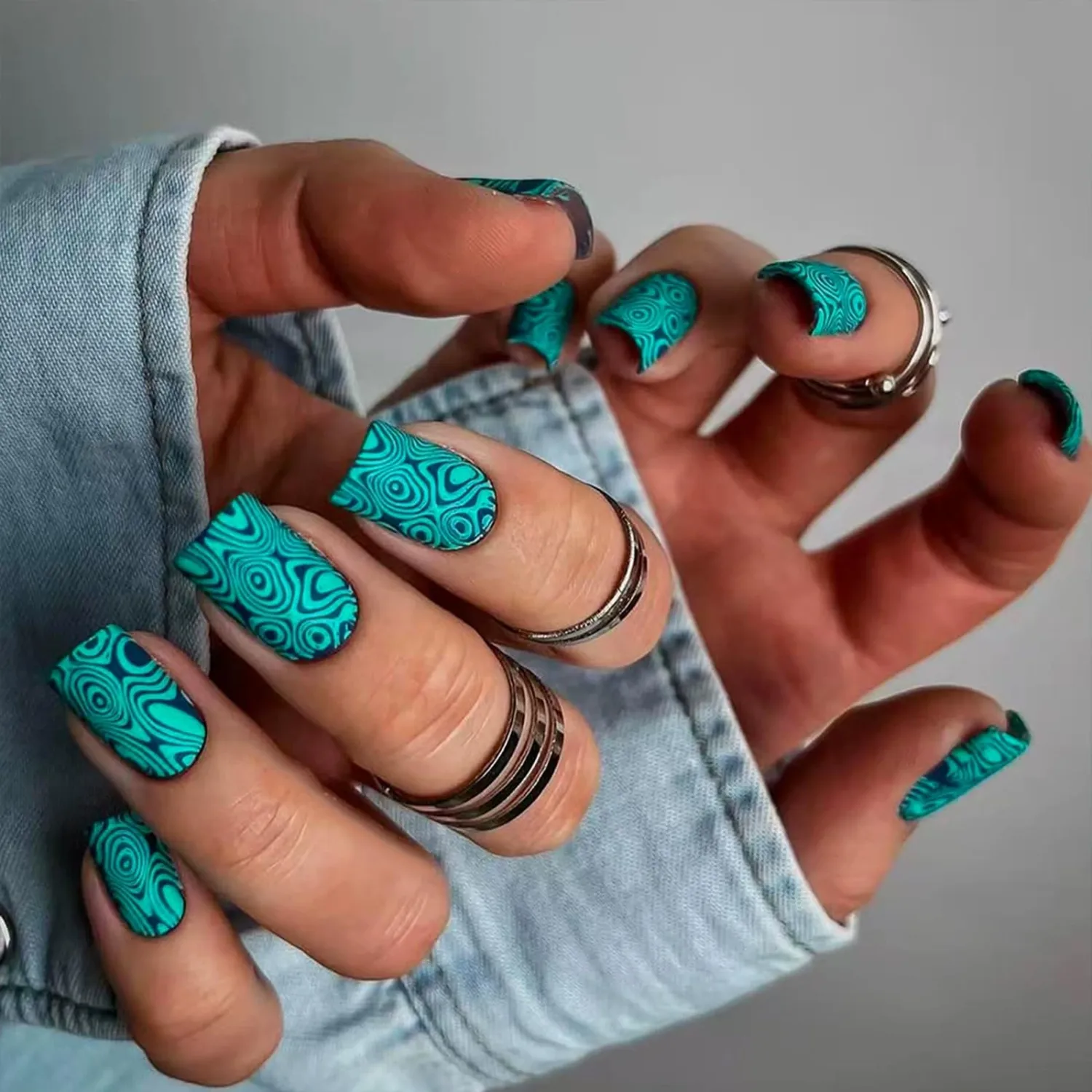 IMRAIN Square Press on Nails, Medium Fake Nails, Matte Teal Abstract Swirl Line Design, 24 Pcs Reusable Glue on Nails for Women, Salon Quality